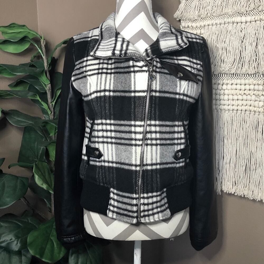 GUESS Black White Plaid Faux Leather Jacket